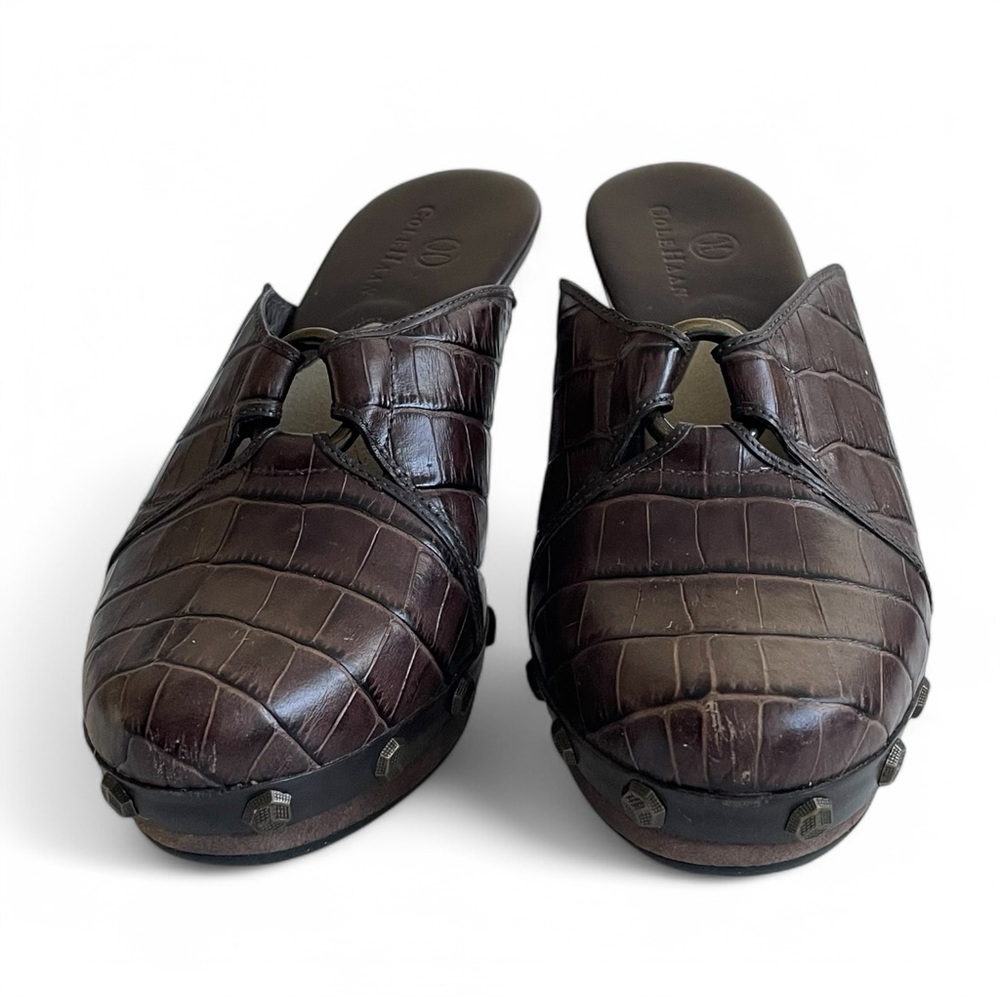 Cole Haan Women's Kenna Brown Croc Leather Platform Heeled Mules Studded Sz: 6 - Picture 4 of 9
